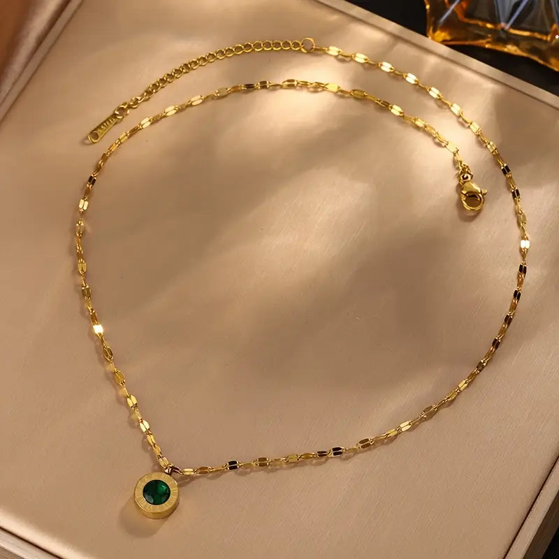 1pc Vintage Style 18K Golden Plated Necklace with Roman Numeral Pendant, Blue Rhinestone Accents, 304 Stainless Steel, Simple Elegance for Daily Wear & Parties