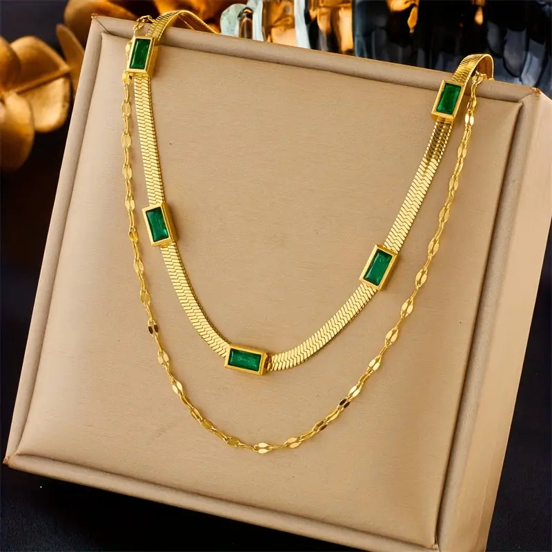European And American Fashion Retro High-End Temperament Double-Layer Stacked Collarbone Chain Square Synthetic Gemstone Accessory Necklace