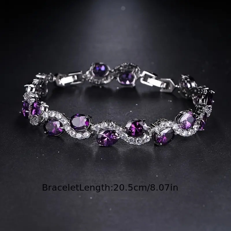 Radiant Luxury Purple Oval Link Bracelet - Exquisite Silvery Craftsmanship with Dazzling Zirconia Stones.