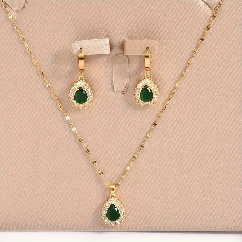 3pcs Set of Golden Stainless Steel Plated Cubic Synthetic Zirconia Created-Emerald Teardrop Necklace and Bracelet Combo,.