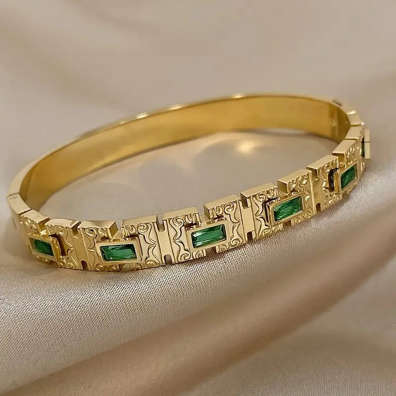 Vintage Inlay Green Zirconia Rectangle Stainless Steel Bangles Bracelets For Women