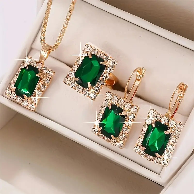 Luxurious 4pcs Square Jewelry Set for Women - Stainless Steel with Synthetic May Birthstone, Perfect for Casual Attire & Gifting
