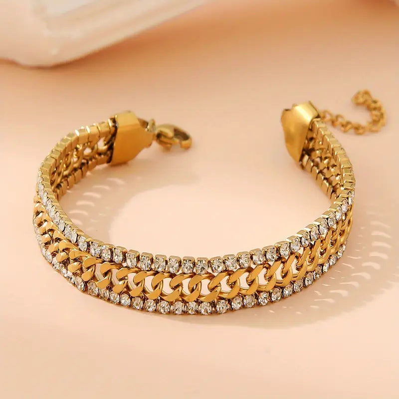 Adjustable Stainless Steel Women's Bracelet with Sparkling Accents - Elegant Golden