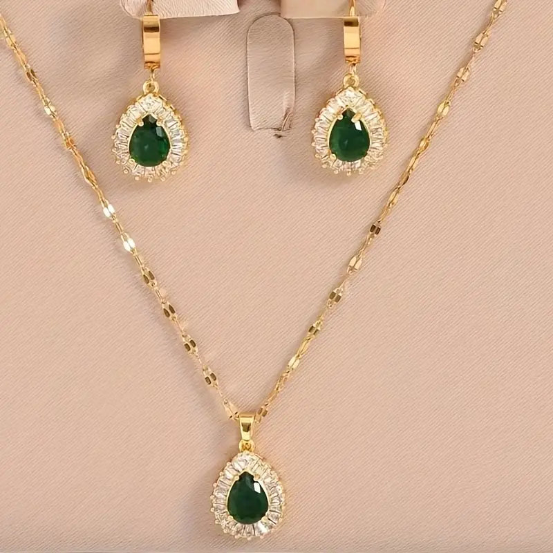 3pcs Set of Golden Stainless Steel Plated Cubic Synthetic Zirconia Created-Emerald Teardrop Necklace and Bracelet Combo