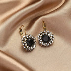 Women's Vintage Floral Stud Earrings - Golden-Tone Rhinestone Flower Jewelry with Green Gemstone
