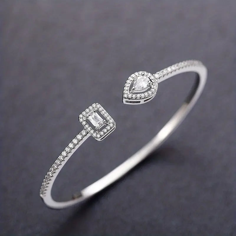 Elegant Geometric Cuff Bracelet with Sparkling Cubic Zirconia - Chic Women's Fashion Jewelry for Everyday & Festivals