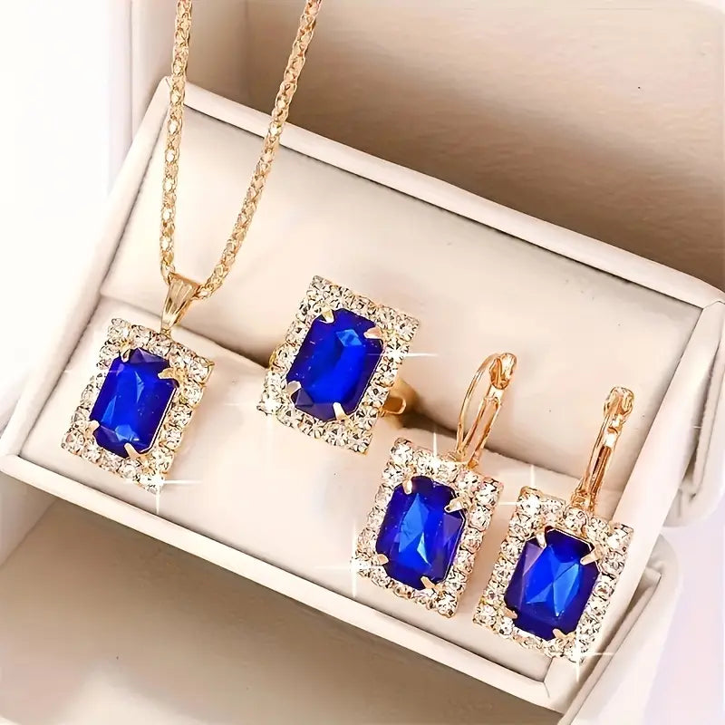 Luxurious 4pcs Square Jewelry Set for Women - Stainless Steel with Synthetic May Birthstone, Perfect for Casual Attire & Gifting