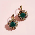 Women's Vintage Floral Stud Earrings - Golden-Tone Rhinestone Flower Jewelry with Green Gemstone