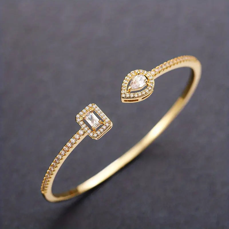 Elegant Geometric Cuff Bracelet with Sparkling Cubic Zirconia - Chic Women's Fashion Jewelry for Everyday & Festivals