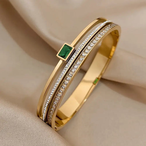 Elegant Stainless Steel Double Row Green Bracelet - Perfect Gift for Her, All-Season Wear