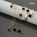 6pcs [Five Leaf Grass Lucky Talisman] Plum Blossom Jewelry Necklace+Ring+Bracelet+Bracelet+Earring Set Glossy Five Petals,