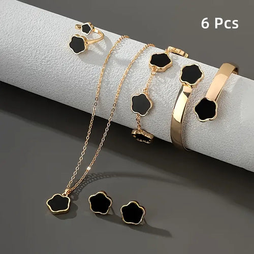 6pcs [Five Leaf Grass Lucky Talisman] Plum Blossom Jewelry Necklace+Ring+Bracelet+Bracelet+Earring Set Glossy Five Petals,