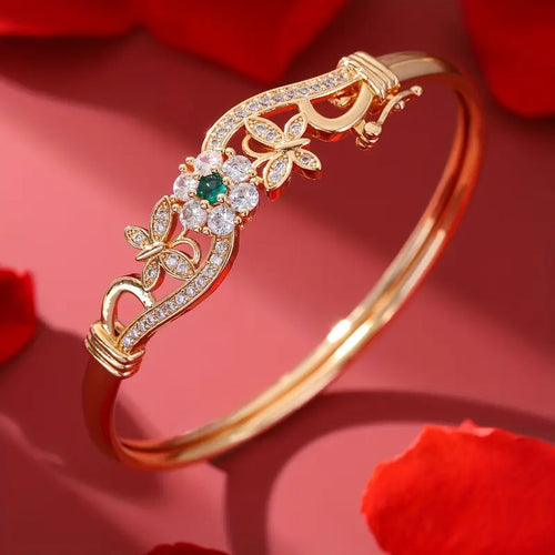 legant Golden-Tone Butterfly Open Bangle Bracelet with Sparkling Synthetic Zirconia & Floral Design
