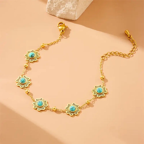 French Vintage-Inspired Golden Clover & Turquoise Stainless Steel Bracelet