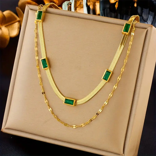 European And American Fashion Retro High-End Temperament Double-Layer Stacked Collarbone Chain Square Synthetic Gemstone Accessory Necklace