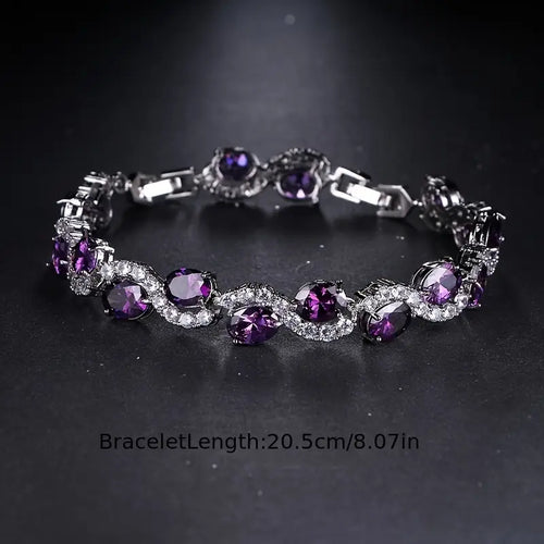 Radiant Luxury Purple Oval Link Bracelet - Exquisite Silvery Craftsmanship with Dazzling Zirconia Stones
