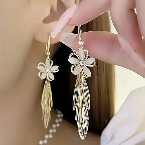 Elegant Uv-Coated Alloy Drop Earrings with Tassel Design - Stainless Steel Studs