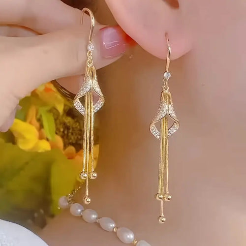 Elegant Golden Geometric Tassel Earrings with Sparkling Cubic Zirconia