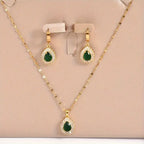 3pcs Set of Golden Stainless Steel Plated Cubic Synthetic Zirconia Created-Emerald Teardrop Necklace and Bracelet Combo,.