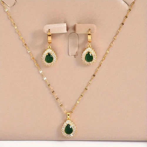 3pcs Set of Golden Stainless Steel Plated Cubic Synthetic Zirconia Created-Emerald Teardrop Necklace and Bracelet Combo,