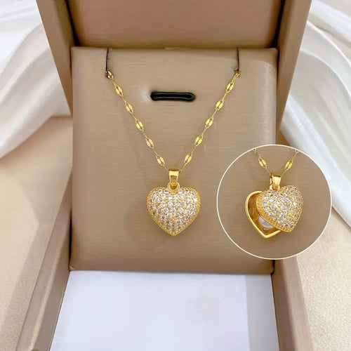 1pc 18K Golden Plated Heart-Shaped Clasp Pendant Necklace with Synthetic Zirconia