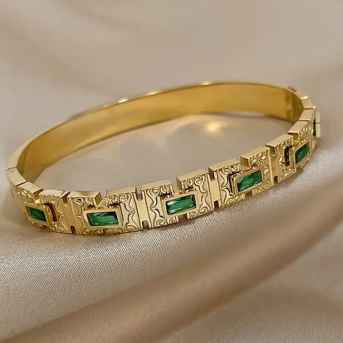 Vintage Inlay Green Zirconia Rectangle Stainless Steel Bangles Bracelets For Women