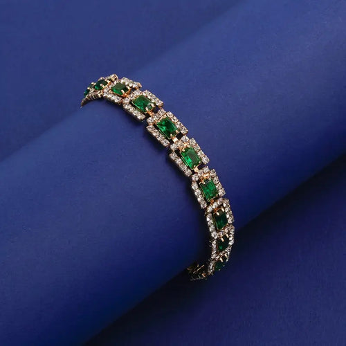 Women's Adjustable Bracelet - Emerald Green Gemstone-like Stones with Clear Rhinestones, Elegant Luxury Jewelry for Parties, Everyday & Formal Events -