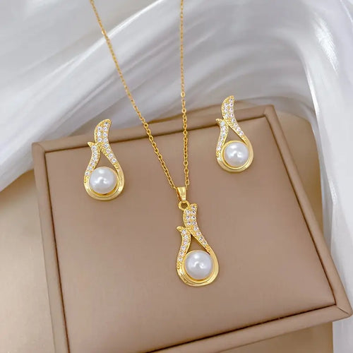 1 Set Fashion Fox Tail Flower Design Titanium Steel Necklace and Earrings