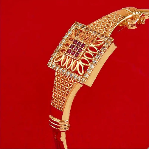 Vintage Dubai-Inspired Golden-Tone Copper Bracelet with Pinkish-Red Cubic Synthetic Zirconia Stones