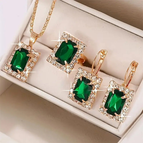 Luxurious 4pcs Square Jewelry Set for Women - Stainless Steel with Synthetic May Birthstone, Perfect for Casual Attire & Gifting