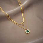 Vintage Sexy Double-Layer Choker Necklace with Rhinestone Detail and Square Pendant