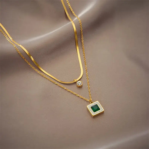 Vintage Sexy Double-Layer Choker Necklace with Rhinestone Detail and Square Pendant