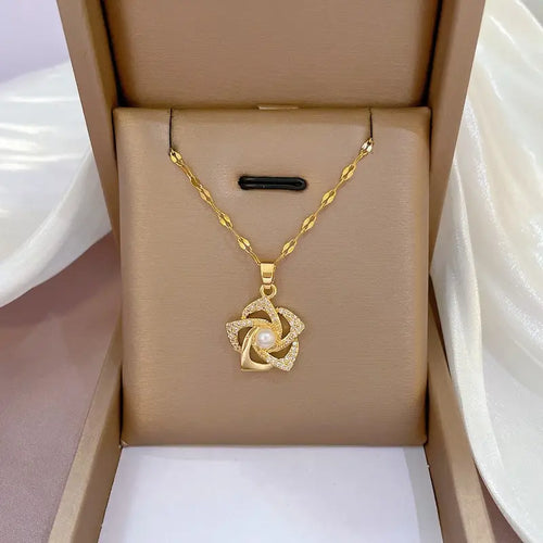 Stainless Steel Golden-Plated Micro-Set Synthetic Zirconia & Rotating Floral Pendant Necklace