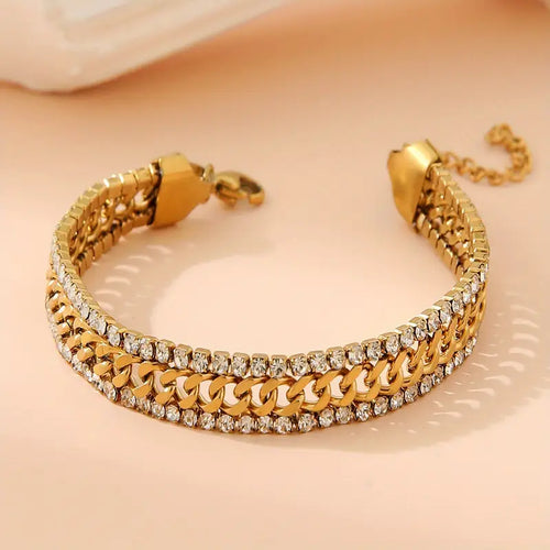 Adjustable Stainless Steel Women's Bracelet with Sparkling Accents - Elegant Golden