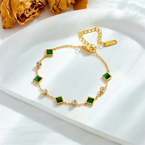 Elegant Stainless Steel Bracelet with Green Square Synthetic Zirconia, Minimalist Design