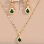 3pcs Set of Golden Stainless Steel Plated Cubic Synthetic Zirconia Created-Emerald Teardrop Necklace and Bracelet Combo