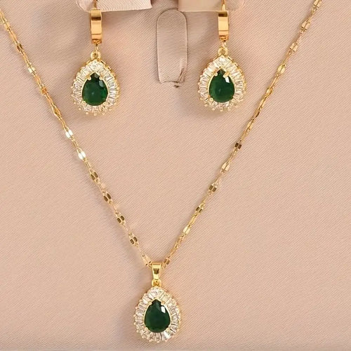 3pcs Set of Golden Stainless Steel Plated Cubic Synthetic Zirconia Created-Emerald Teardrop Necklace and Bracelet Combo