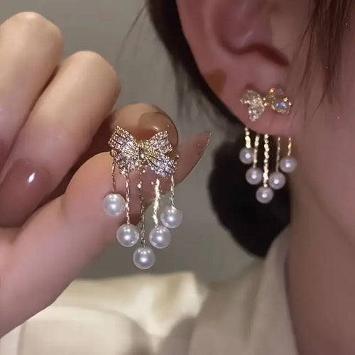 Faux Pearl Tassel Bow Decor Stud Earrings