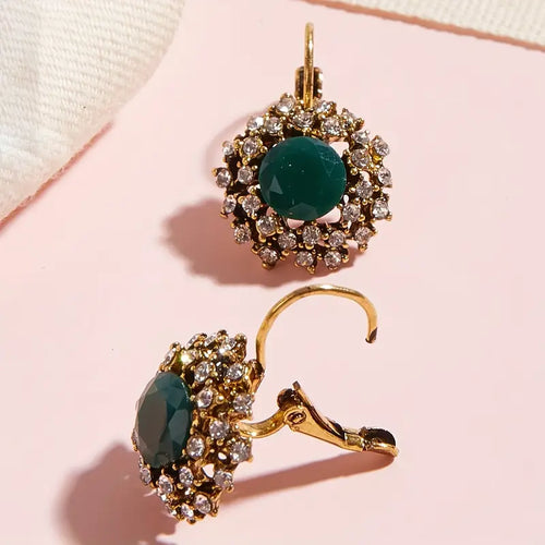 Women's Vintage Floral Stud Earrings - Golden-Tone Rhinestone Flower Jewelry with Green Gemstone