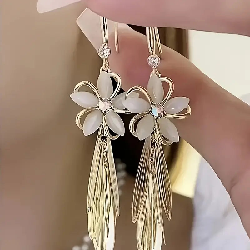 Elegant Uv-Coated Alloy Drop Earrings with Tassel Design - Stainless Steel Studs.