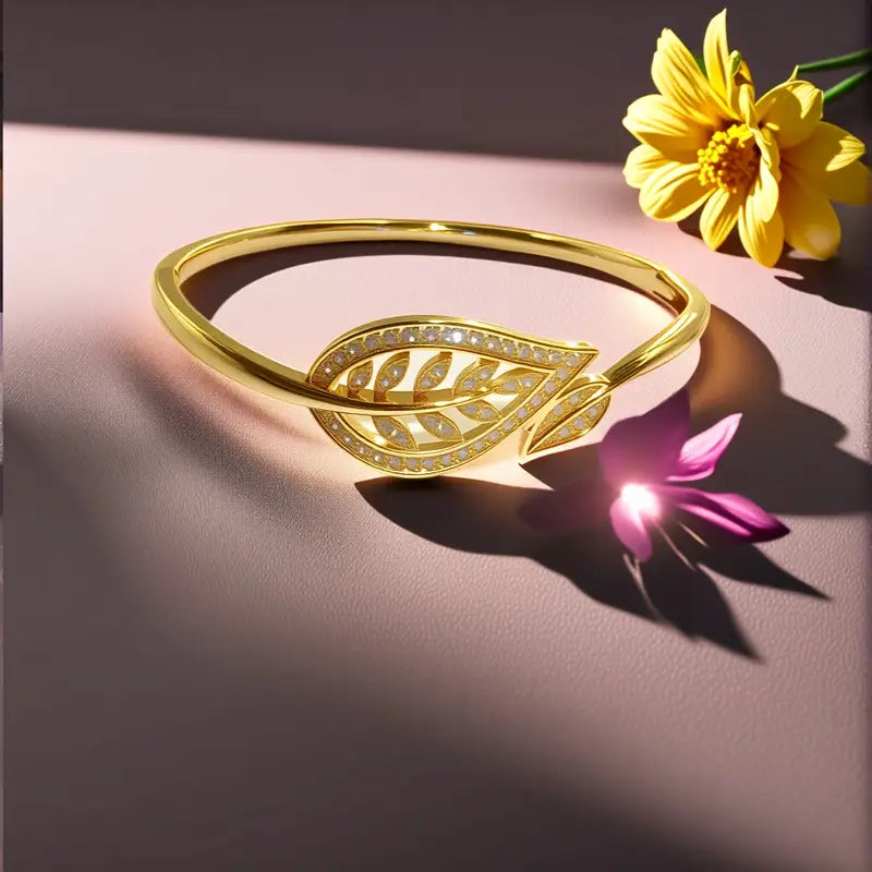 Radiant Brilliance Women's Golden-Tone Leaf Design Bracelet - 3D Inlay & Metal Mirror Finish.