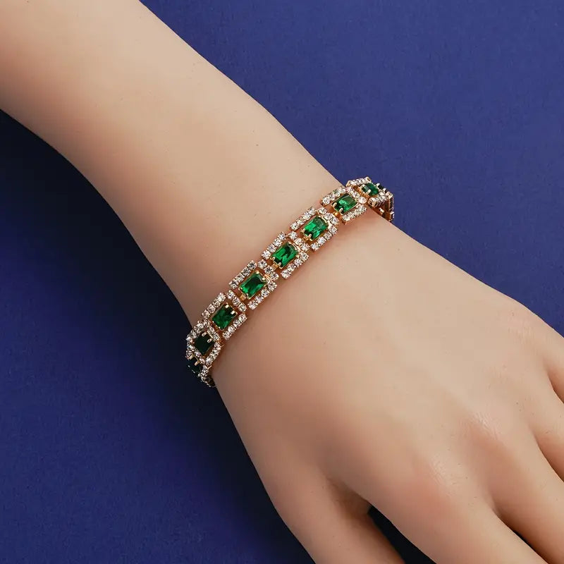 Women's Adjustable Bracelet - Emerald Green Gemstone-like Stones with Clear Rhinestones, Elegant Luxury Jewelry for Parties, Everyday & Formal Events -