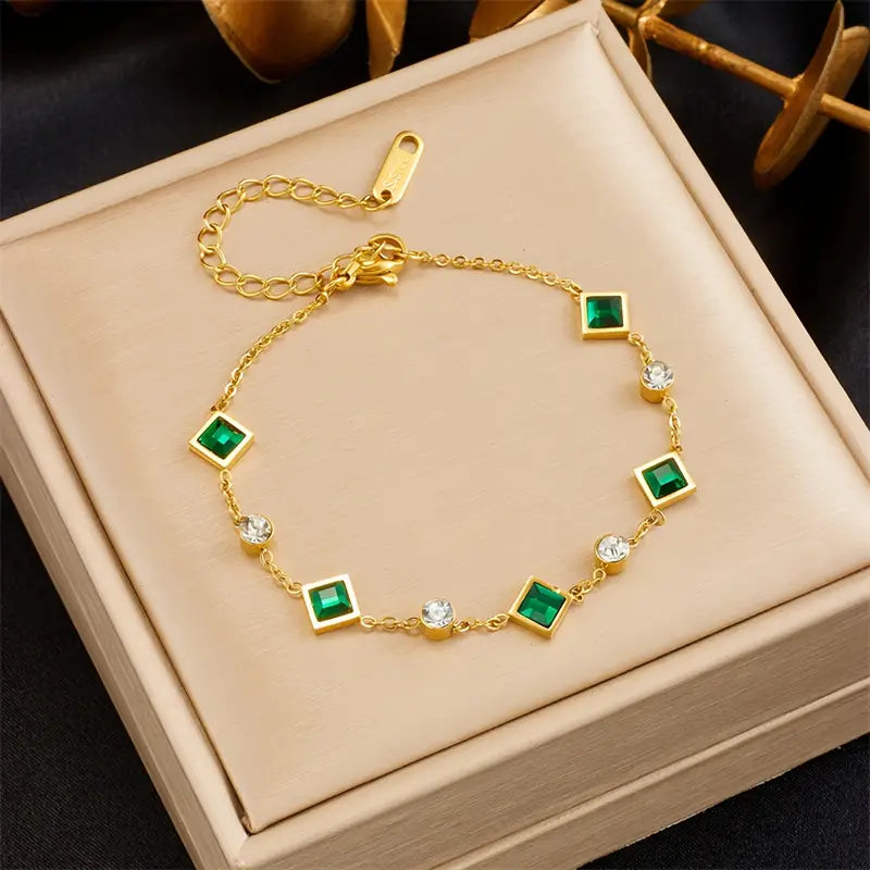 Elegant Stainless Steel Bracelet with Green Square Synthetic Zirconia, Minimalist Design.