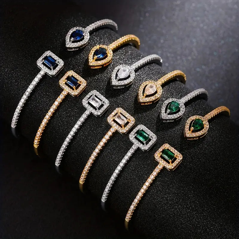 Elegant Geometric Cuff Bracelet with Sparkling Cubic Zirconia - Chic Women's Fashion Jewelry for Everyday & Festivals
