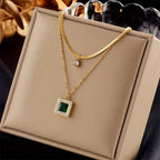 Vintage Sexy Double-Layer Choker Necklace with Rhinestone Detail and Square Pendant