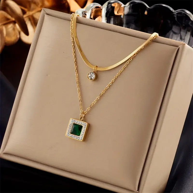 Vintage Sexy Double-Layer Choker Necklace with Rhinestone Detail and Square Pendant