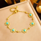 French Vintage-Inspired Golden Clover & Turquoise Stainless Steel Bracelet.