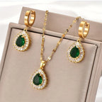 3pcs Set of Golden Stainless Steel Plated Cubic Synthetic Zirconia Created-Emerald Teardrop Necklace and Bracelet Combo,.