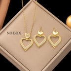 3pcs Elegant 18K Golden Plated Stainless Steel Heart Pendant Necklace and Earrings Set.