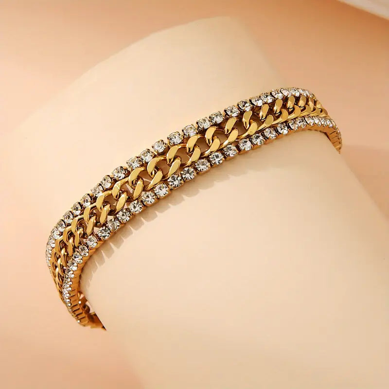 Adjustable Stainless Steel Women's Bracelet with Sparkling Accents - Elegant Golden